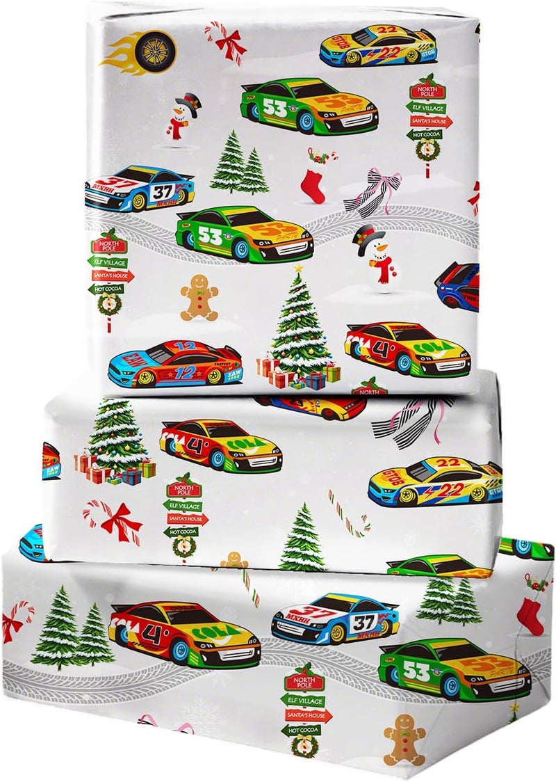 ZINTBIAL Race Car Christmas Wrapping Paper - Xmas Gift Wrap with Holiday Trees, Gingerbread Men, Snowflakes & Snowmen Design- Perfect for Kids & Adults Gift Wrapping - 40×28 Inches, 4 Folded Sheets - Image 1